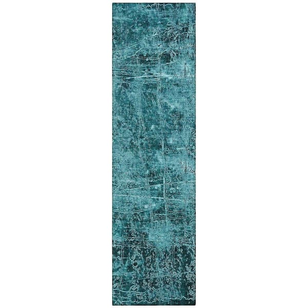 HomeRoots Teal 2 ft. x 8 ft. Woven Abstract Runner Indoor/Outdoor Area Rug