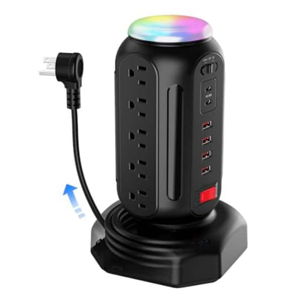 15-Outlet Black Power Tower with USB and Type-C Ports, Surge Protector, Fast Charging, Retractable Cord for Home Office