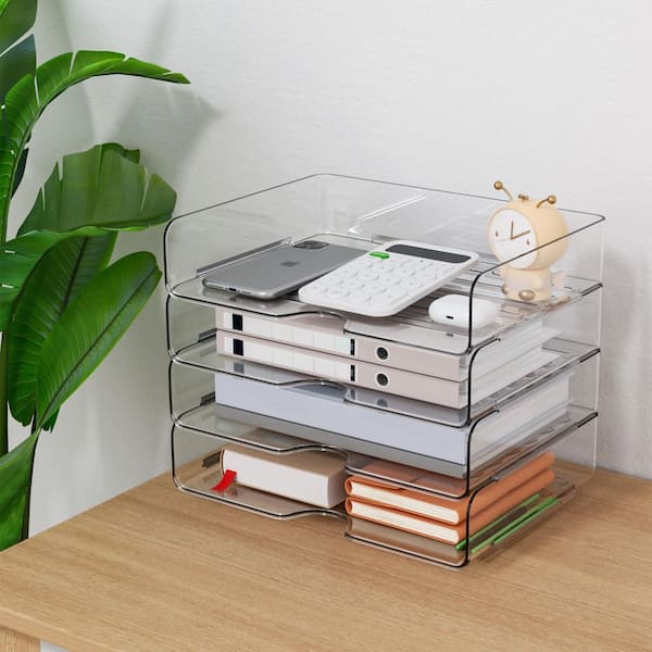 Clear Acrylic 13in x 10in Stackable Letter Tray, 4-Pack Office Organizer for Files, Papers, Books and Notes