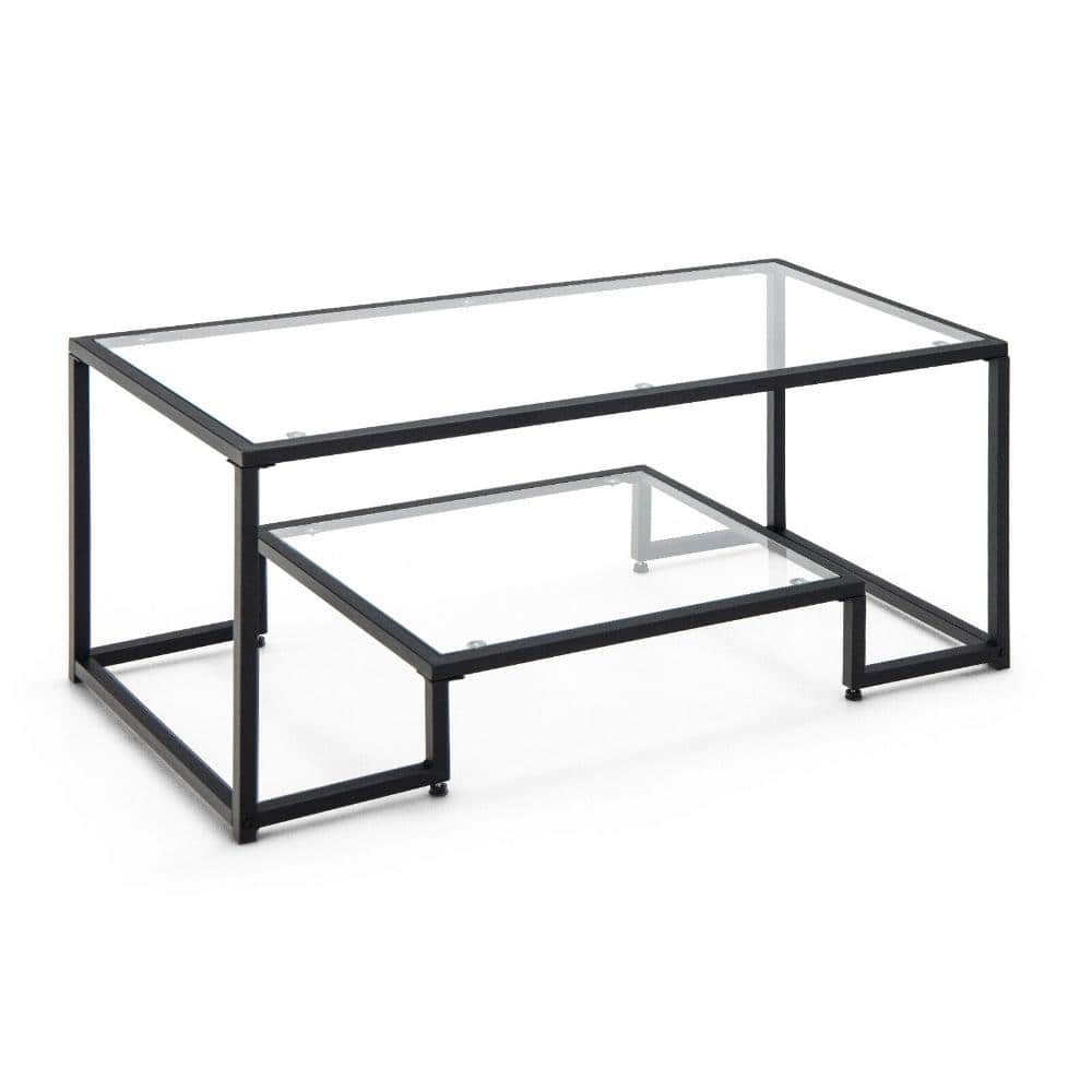 2-Tier Rectangle Tempered Glass Coffee Table with Steel Frame and Storage Shelf for Living Room price history on PriceWatchPro
