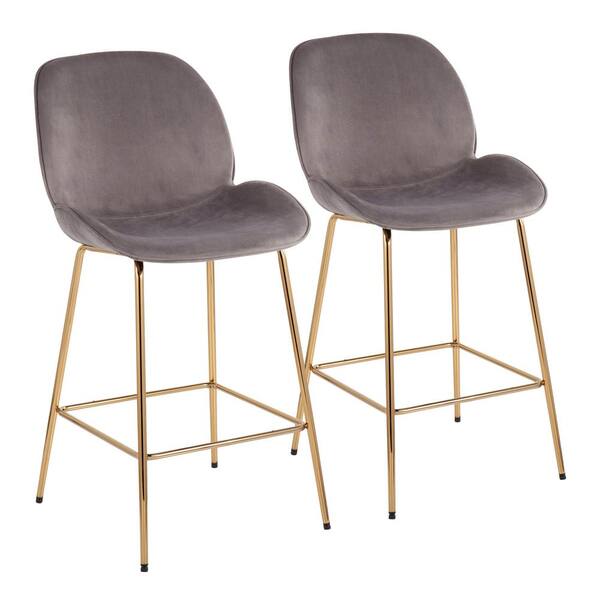 Lumisource Diva 40.25 in. Silver Velvet and Gold Steel High Back Metal Frame Counter Height Bar Stool (Set of 2)