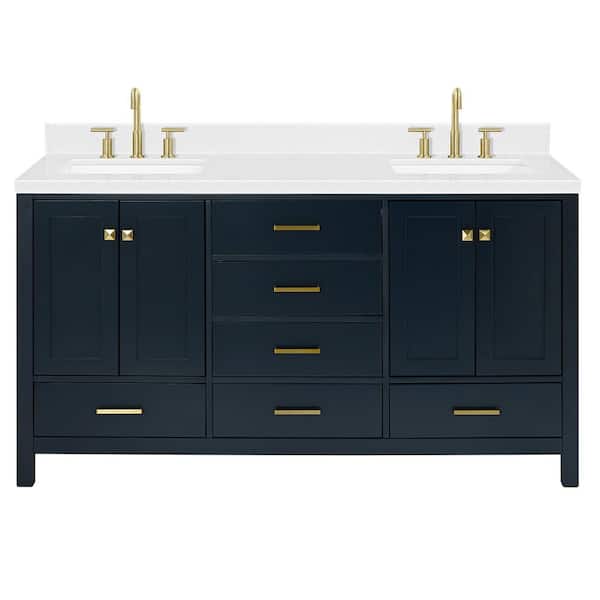 Cambridge 66 in.W x 22 in.D x 36 in.H Double Rectangle Sink Bath Vanity in Midnight Blue with Carrara White Quartz Top