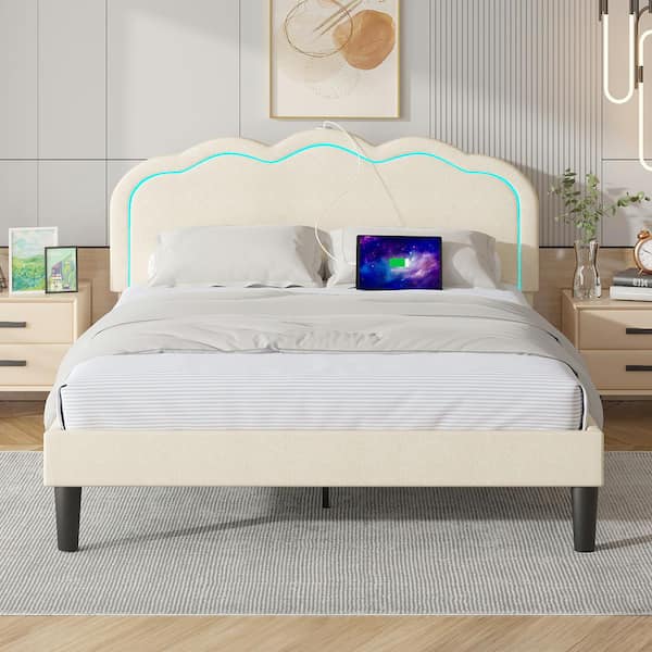 VECELO Upholstered Bed Beige Metal Frame Queen Platform Bed with Adjustable Charging Station Headboard and LED Lights Bed Frame