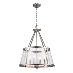 Lincoln 20 in. 4-Light Brushed Nickel Pendant Light Fixture with Metal and Clear Glass Shade