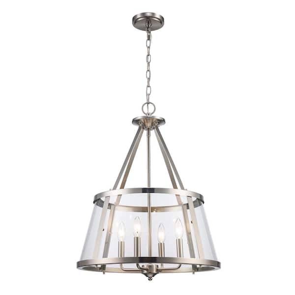 Lincoln 20 in. 4-Light Brushed Nickel Pendant Light Fixture with Metal and Clear Glass Shade