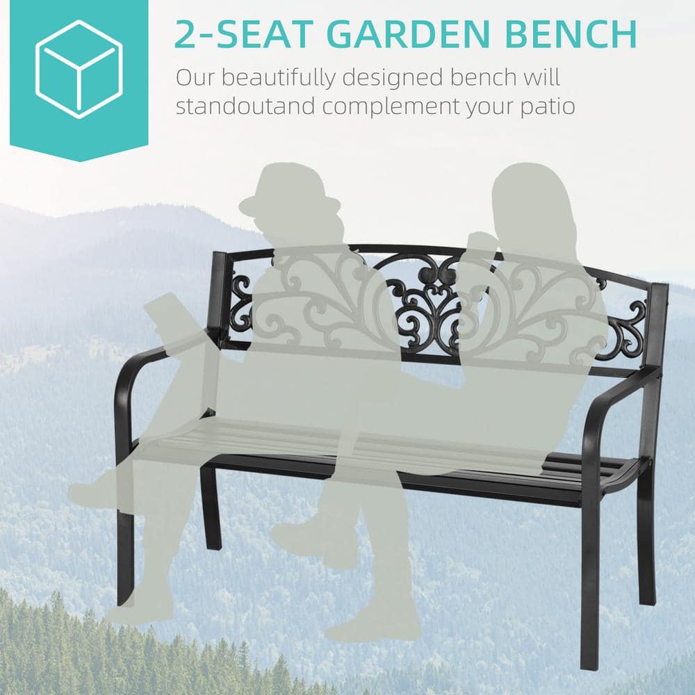 50" Black Iron Floral Pattern Outdoor Bench