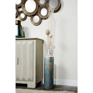 25 in., 18 in. Blue Distressed Tall Metal Geometric Decorative Vase with Grid Pattern and Gold Accents (Set of 2)
