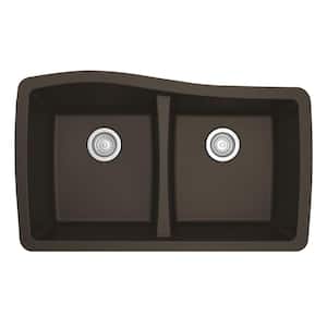 Undermount Quartz Composite 33 in. 50/50 Double Bowl Kitchen Sink in Brown