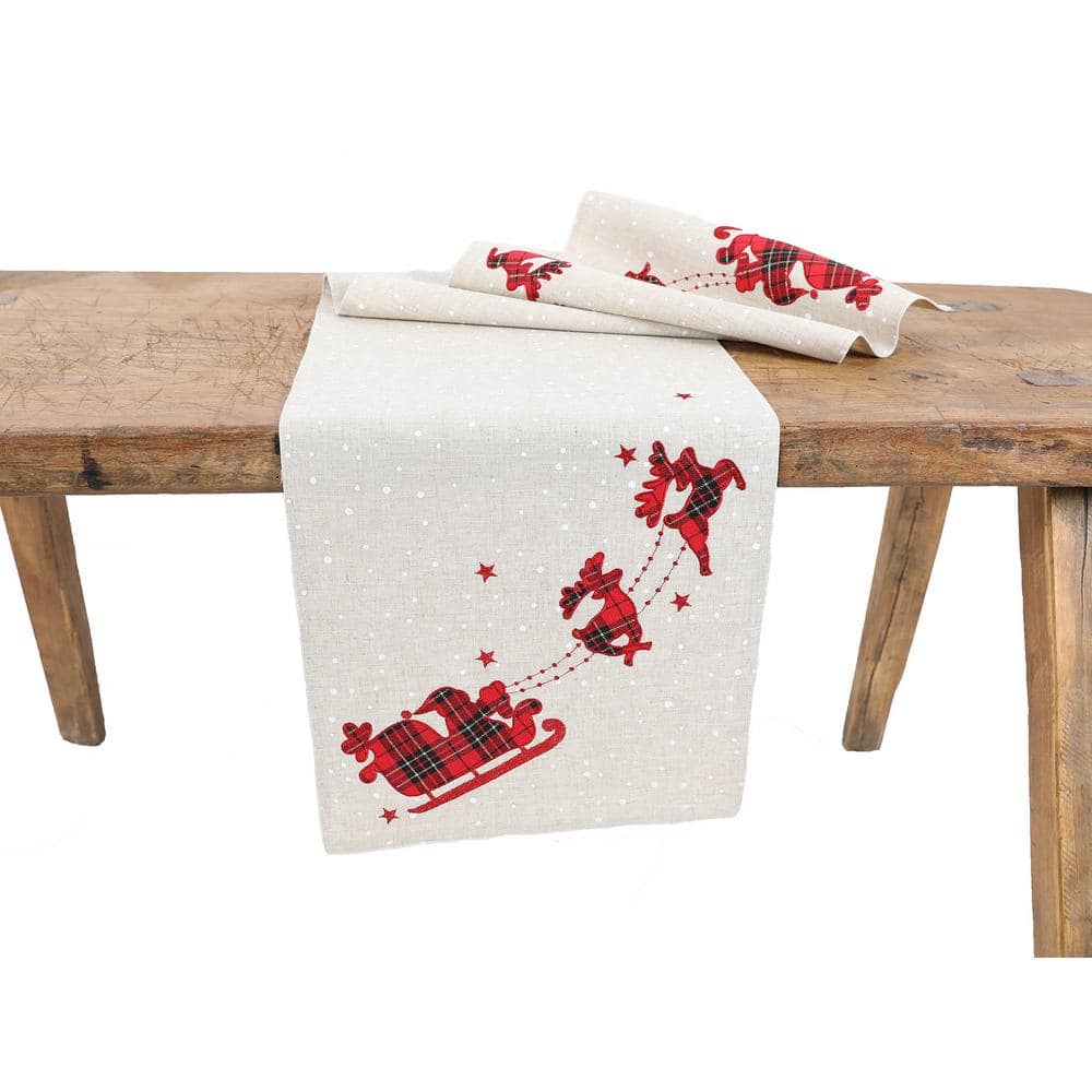 15 in. x 70 in. Applique Tartan Santa Sleigh With Reindeers Christmas Table Runner, Natural 15 in. x 70 in. Applique Tartan Santa Sleigh With Reindeers Christmas Table Runner, Natural