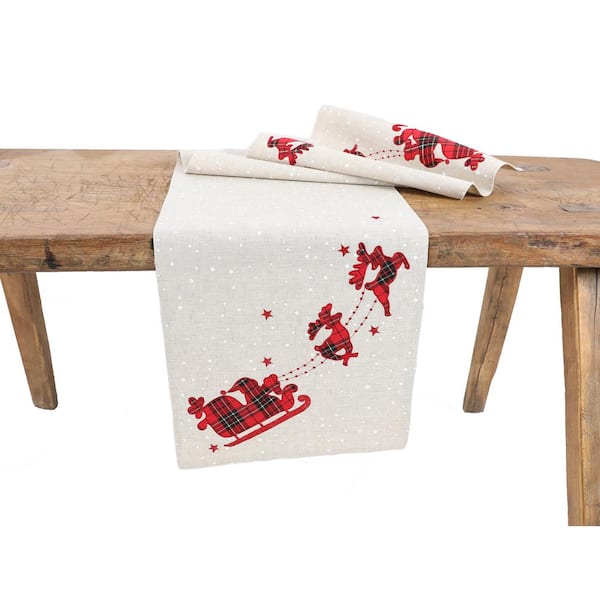 Manor Luxe 15 in. x 70 in. Applique Tartan Santa Sleigh With Reindeers Christmas Table Runner, Natural