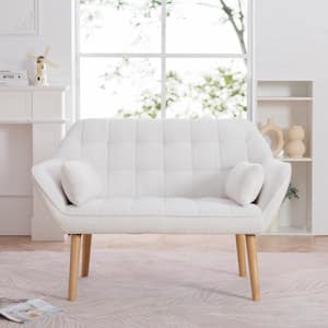 Life Style 50 in. W White Linen 2-Seater Loveseat Sofa with 2-Pillows and Rubber Wood Legs Loveseat Couch