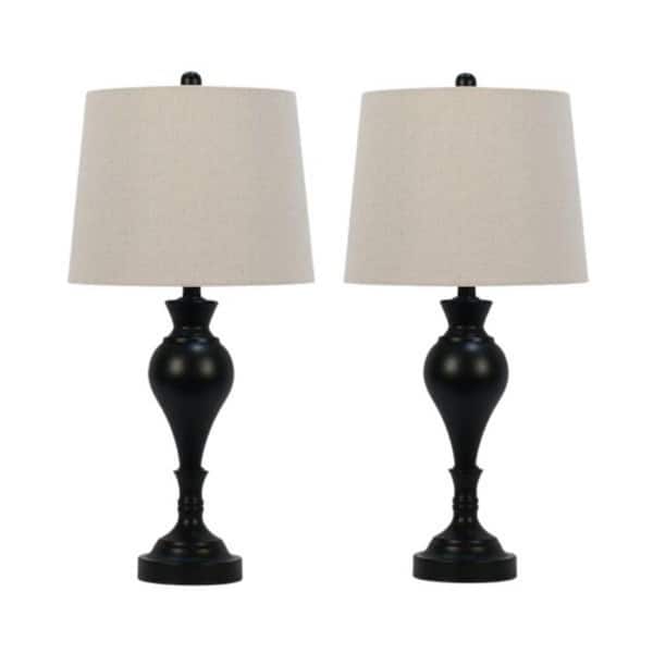 Pair of 26.5 in. Satin Black Metal Urn Table Lamps w/USB and Designer Shades