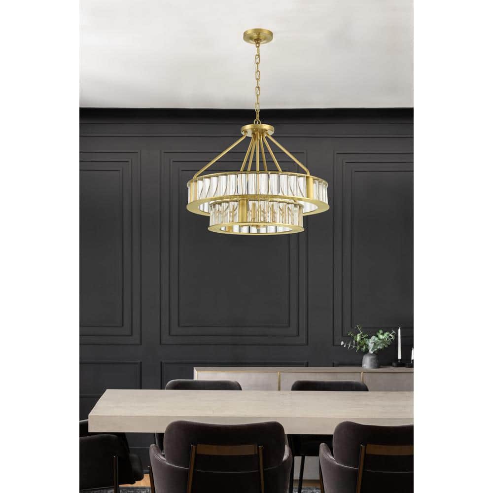 Aged Brass and Crystal 6-Light Two-Tier Chandelier