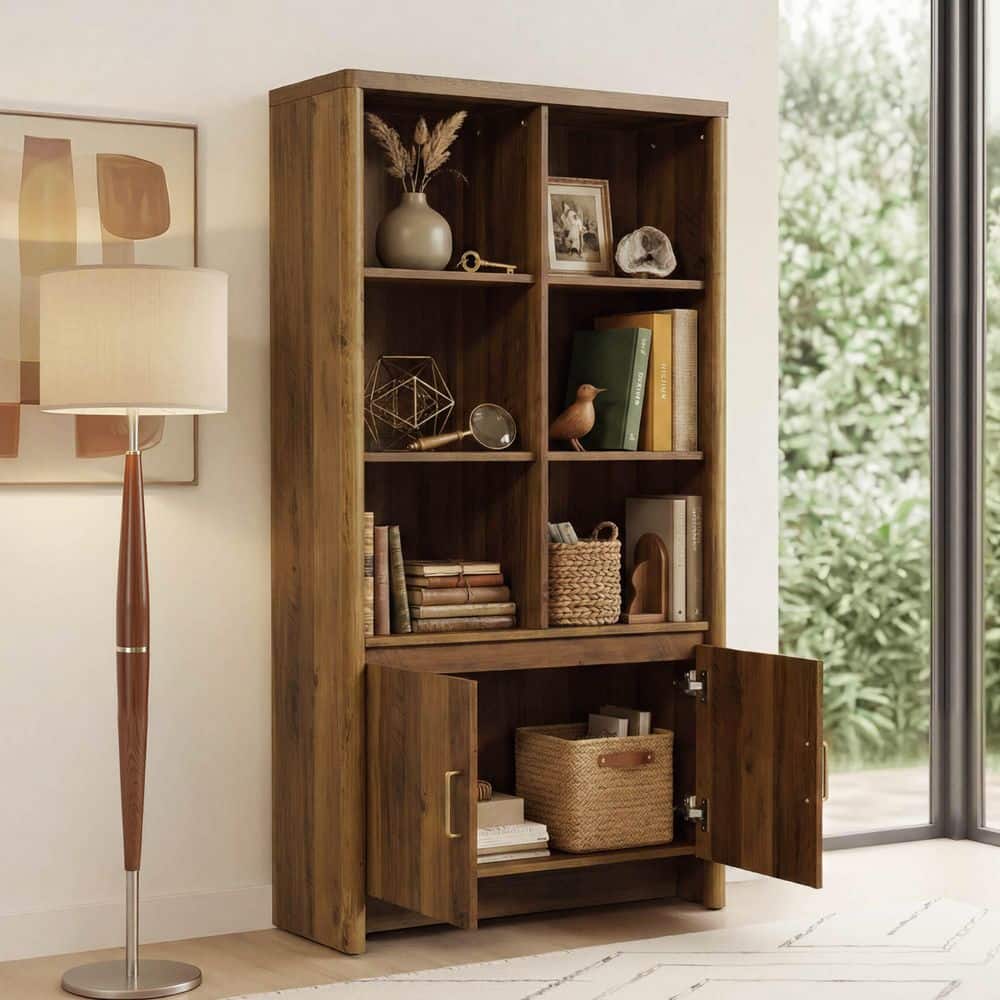 Spring Bookcase Spruce & Spring Mylo 59.3in. Tall Wood Frame with Storage, 2-Door 6 ...