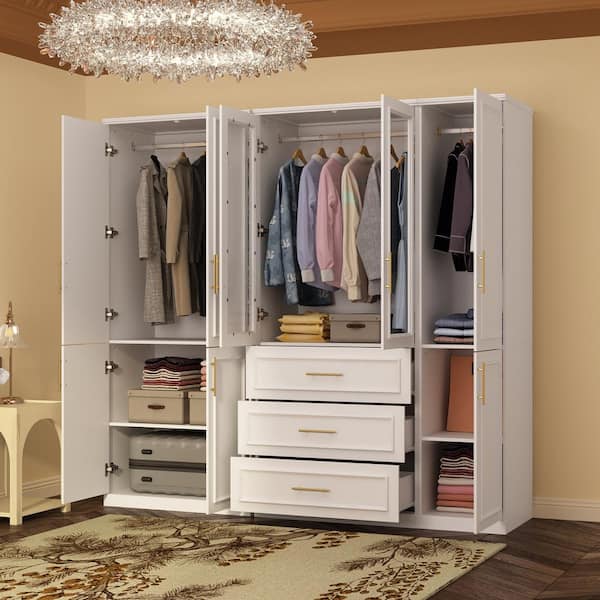 3-Combination White Wood 79.1 in. W 8-Door Big Armoires with Hanging Rods, Drawers, Shelves 74.8 in. H x 19.3 in. D