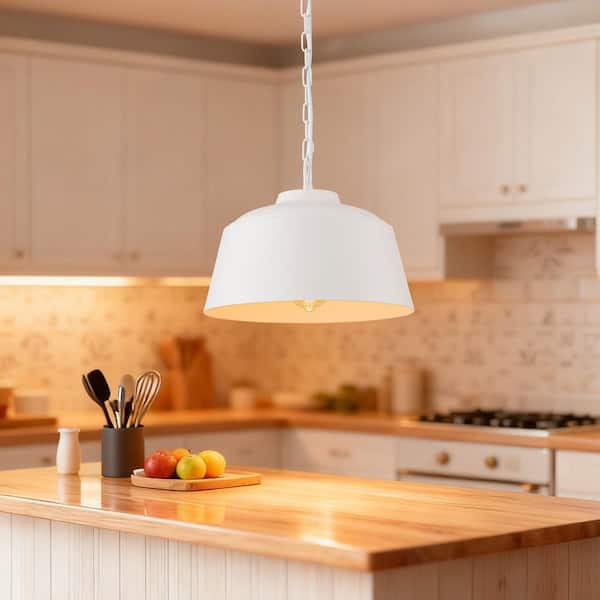 Plano 1-Light 13.8-in.W White Pendant Light Metal Geometric Barn Pendant Light for Kitchen Island and Dining Room