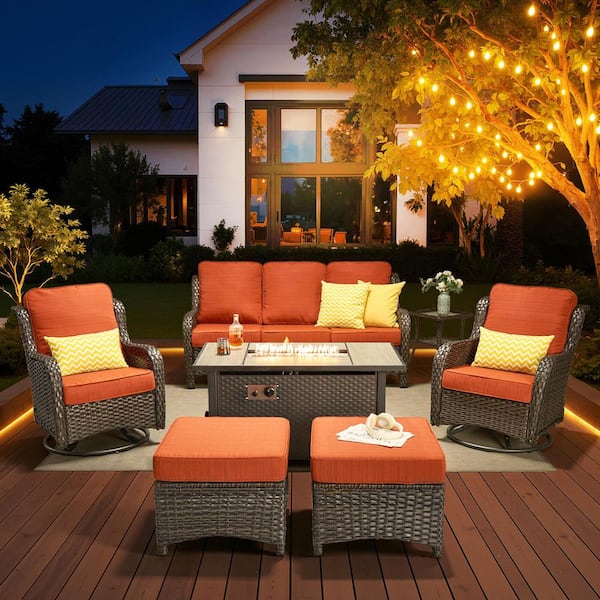 Polaris 7 Pieces Wicker Outdoor Patio Rectangular Fire Pit Set and Swivel Rocking Chairs with Orange Red Cushions