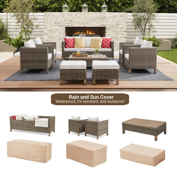 8-Piece Wicker Patio Conversation Set with Beige Cushions
