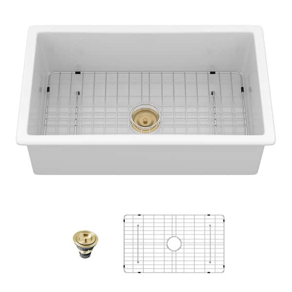 32 in. White  Ceramic Undermount Single Bowl, Kitchen Sink, Dual Mount Deep Basin with Stainless Steel Grid and Strainer