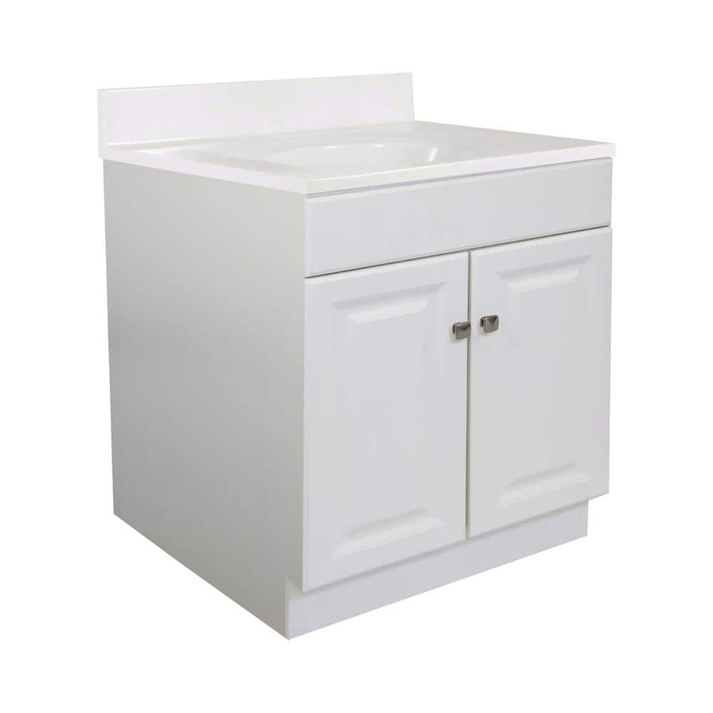 White Cultured Marble Freestanding Bathroom Vanity with Satin Nickel Knobs