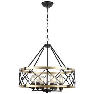 6-Light Black and Gold Farmhouse Chandeliers Drum Chandelier with Metal Shade for Dining Rooms