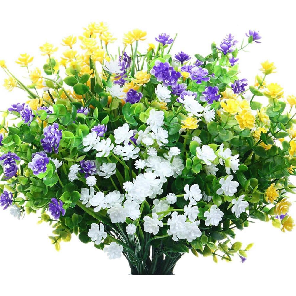 13 in. Yellow, Purple, White Outdoor Artificial Boxwood Flowers UV Resistan