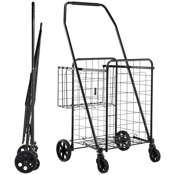 Folding Shopping Cart with Dual Baskets, Waterproof Liner, Heavy Duty Laundry and Grocery Cart, 100 lbs. Capacity Iron