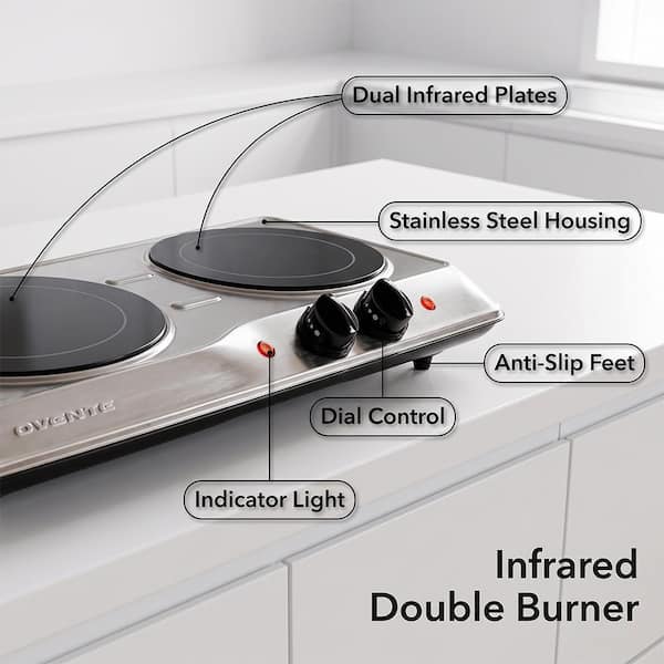OVENTE Double Infrared Burner 7.75 in. and 6.75 in. Silver Hot