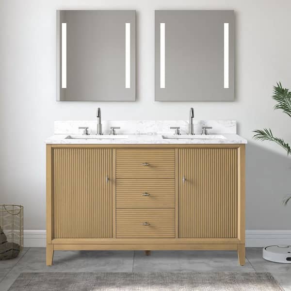 54 in. W Double Sink Freestanding Natural Oak Bath Vanity Cabinet with Arabescato White Engineered Marble Top