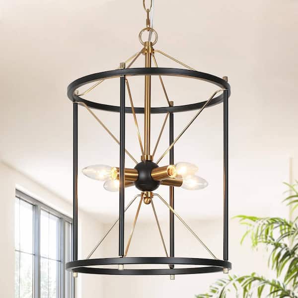 12.5 in. 4-Light Black Kitchen Island Pendant Light, Brass-Plated Cage Chandelier Lighting, Modern Pendant Hanging Light