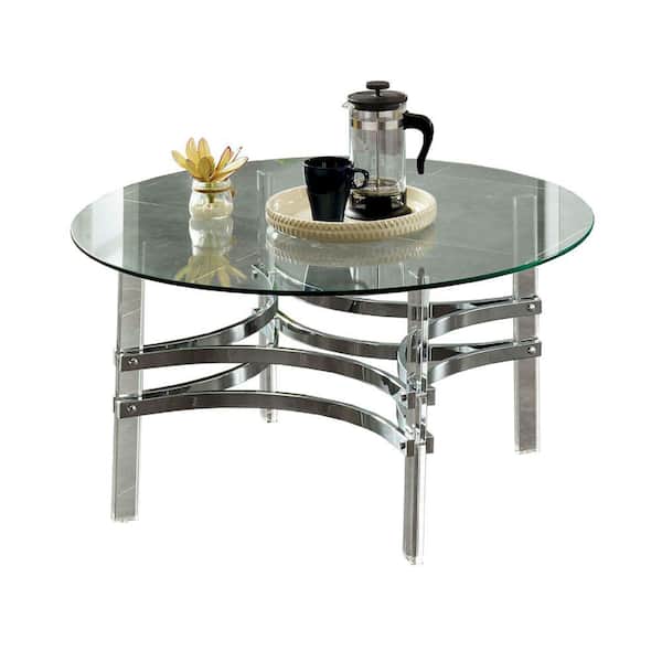 Benjara 35.25 in. Silver and Clear Round Glass Top Coffee Table with Acrylic Legs and Metal Supports