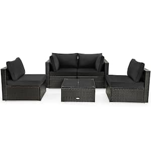 Brown 5-Pieces Wicker Patio Conversation Set Cushioned Sofa Chair Coffee Table Set with Black Cushions