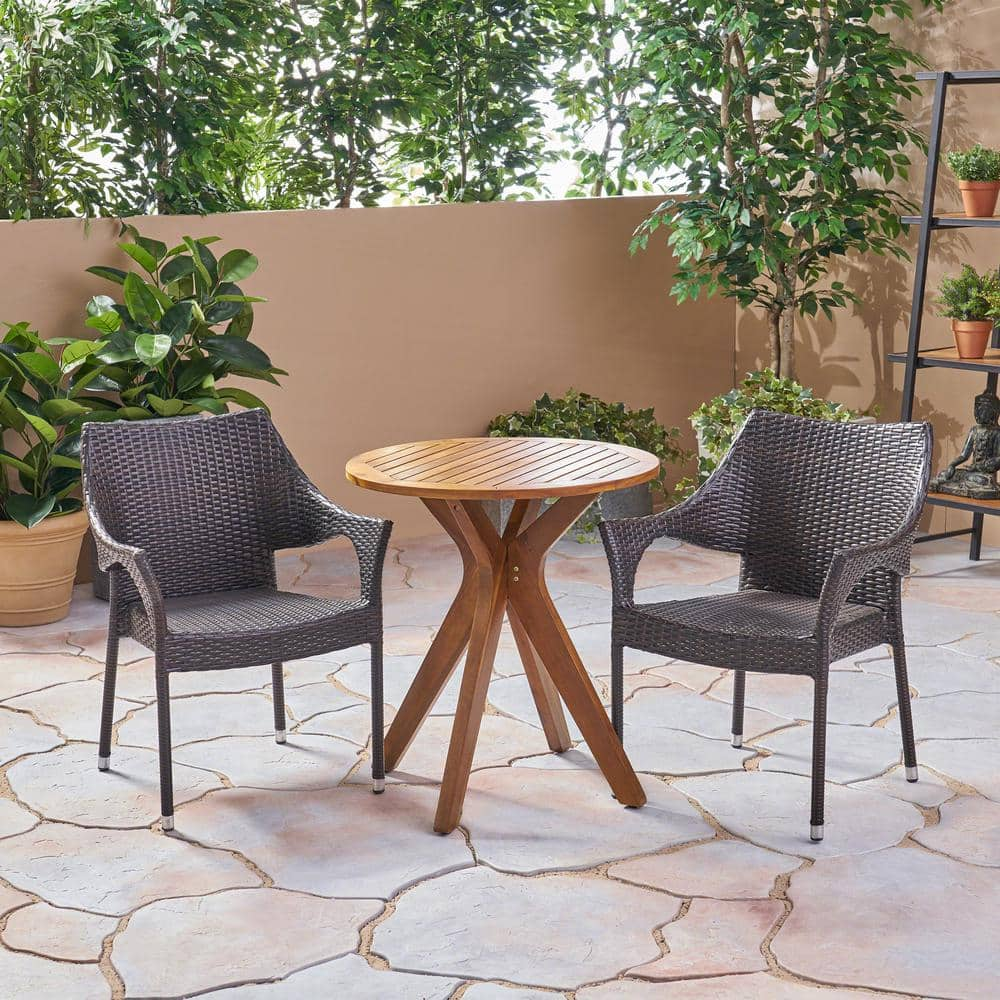 Noble House Bryant Multi Brown 3 Piece Wood and Faux Rattan Outdoor Bistro Set 42664 The Home Depot