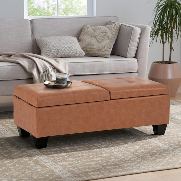 CHRISTOPHER KNIGHT HOME Merrill Cognac Brown PU Leather Upholstered Tufted Double Opening Storage Ottoman, Solid Wood Legs