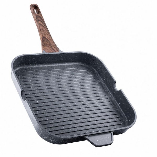 12 in. Aluminum Non-Stick Grill Pan, Versatile Griddle with Pour Spouts, Square Big Cooking Surface, Durable Skillet