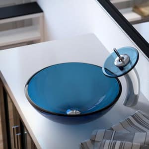 Glass Vessel Sink in Aqua with Waterfall Faucet and Pop-Up Drain in Chrome