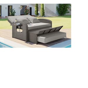 2-Person PE Wicker Outdoor Reclining Day Bed with White Cushions and Adjustable Back, Free Furniture Protection Cover