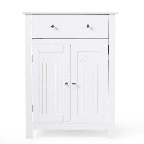 Gymax 23.5 in. W Bathroom Storage Linen Cabinet Free Standing Large Drawer W/Adjustable Shelf White
