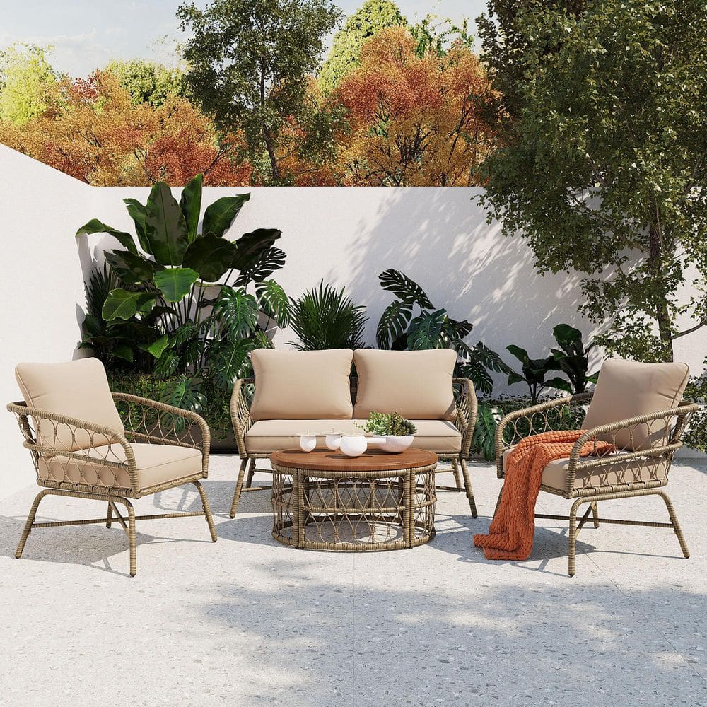 4-Piece Bohemia-inspired Wicker Patio Conversation Set with Wood Tabletop a