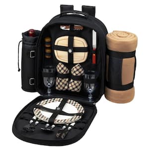 Deluxe Equipped 2-Person Picnic Backpack with Blanket in Black and London