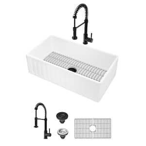 Matte Stone White Composite 33 in. Single Bowl Slotted Farmhouse Kitchen Sink with Faucet in Black, Strainer and Grid