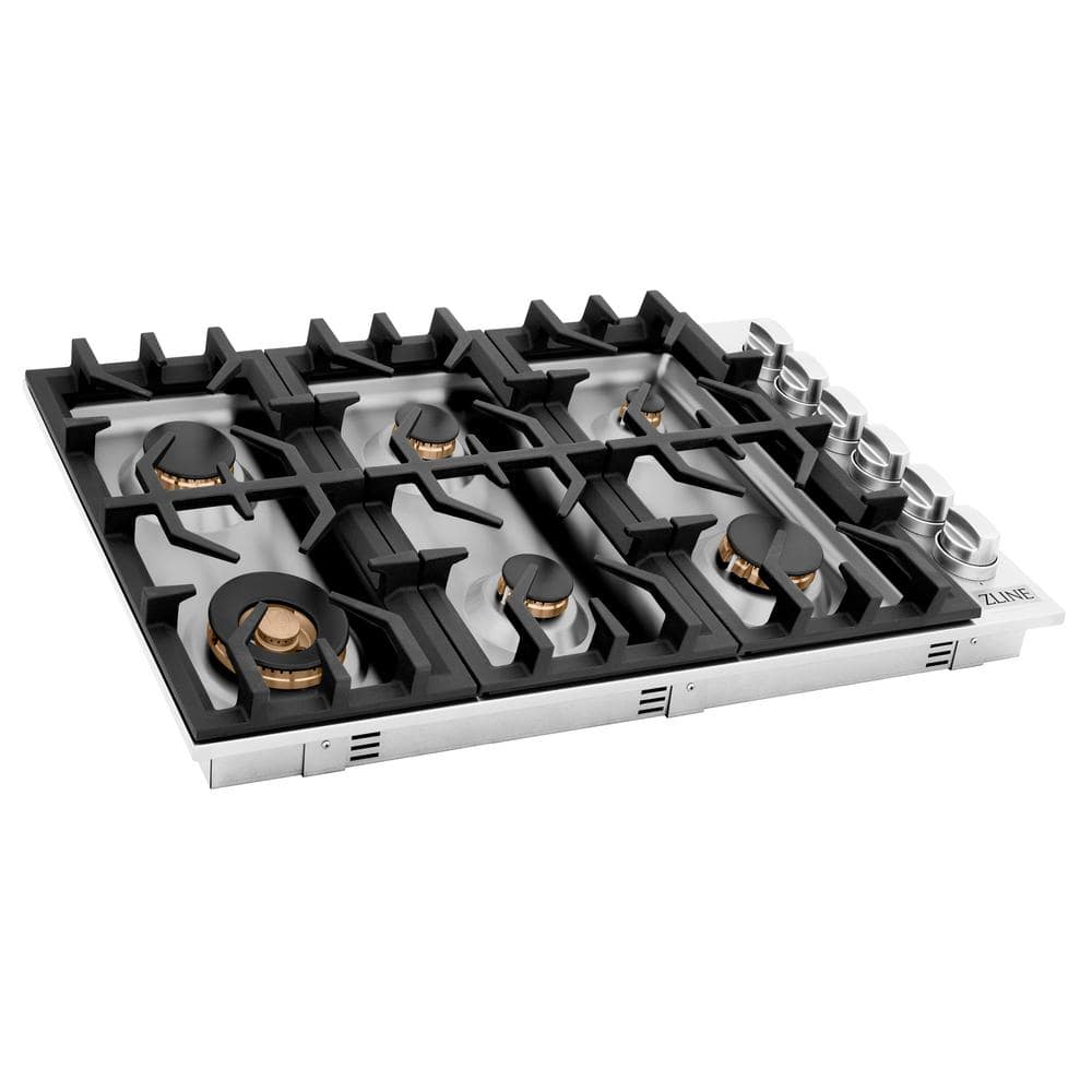 36 in. 6 Burner Top Control Gas Cooktop with Brass Burners in Stainless Steel