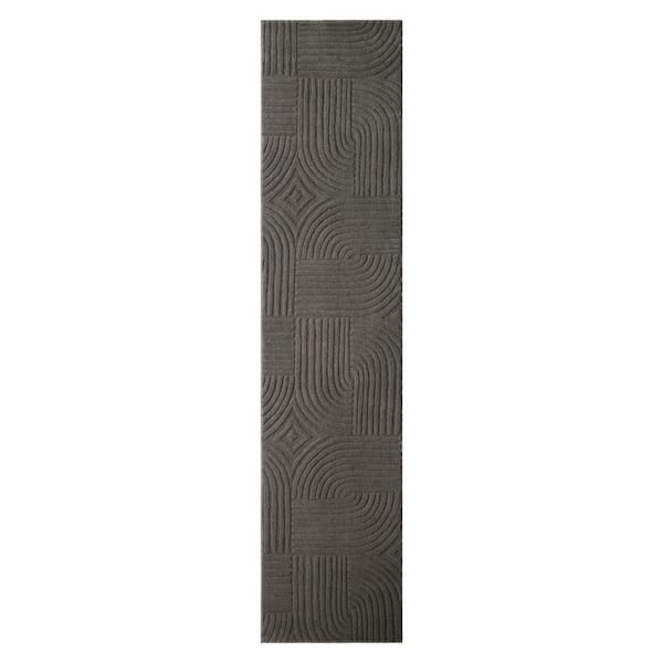 2 ft. x 7 ft. Charcoal Grey Stone Geo Curve Washable Indoor Runner Rug