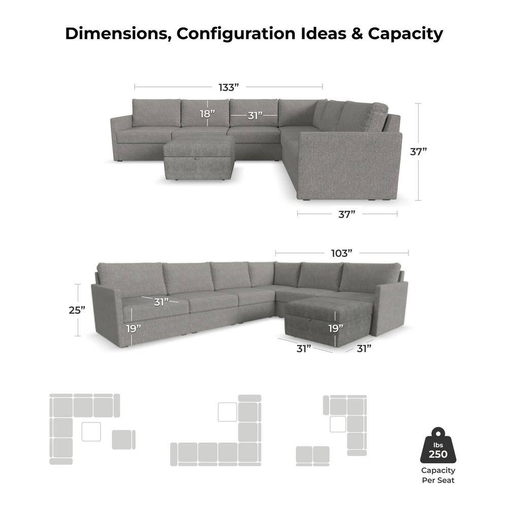 Pebble Gray Fabric 6-Piece Modular Sectional with Ottoman