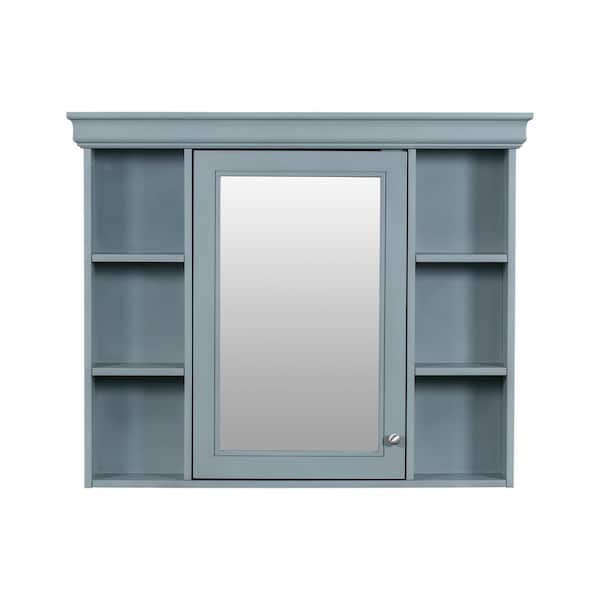 COWLOWN 35.51 in. W x 5.90 in. D x 28.74 in. H Bathroom Storage Wall Cabinet in Blue with Mirror Door and 6 Open Shelves