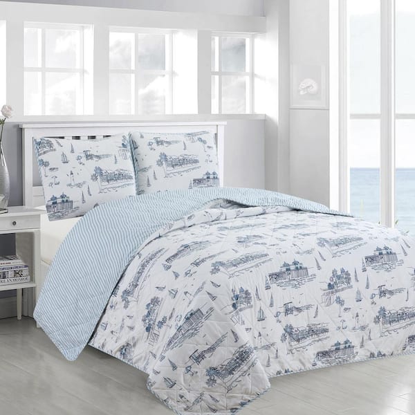 FRESHFOLDS 2-Piece Blue Coastal Toile Printed Twin Microfiber Quilt Set Bedspread
