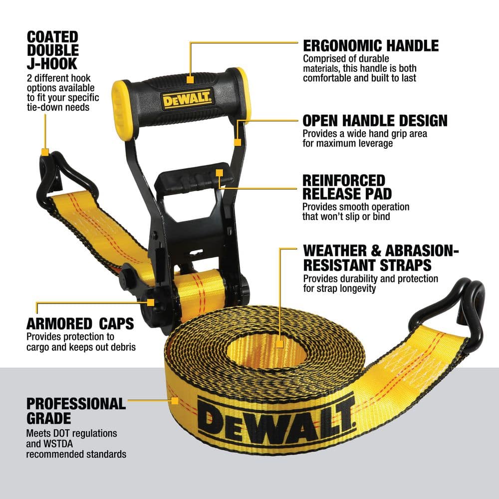 Heavy-Duty Black and Yellow 27 ft Ratchet Tie-Down Strap with J-Hooks
