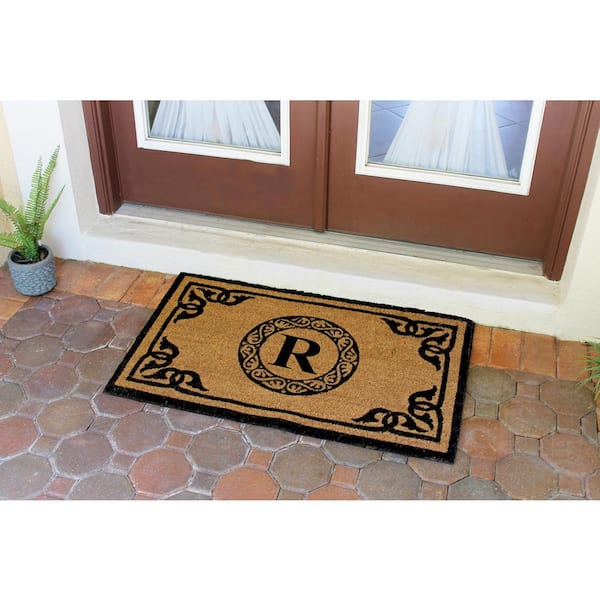 A1HC First Impression Hand Crafted Geneva 24 in. x 39 in. Coir Double Border Monogrammed R Non-Slip Outdoor Door Mat