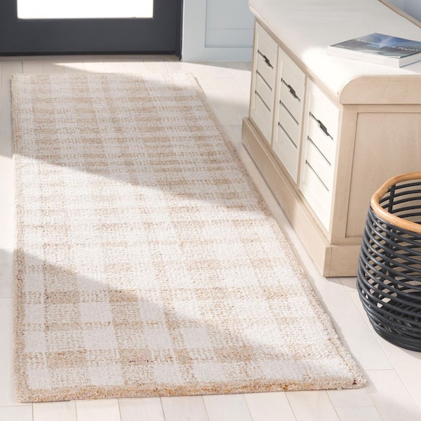 Abstract 2 ft. x 8 ft. Ivory/Gold Border Plaid Runner Rug