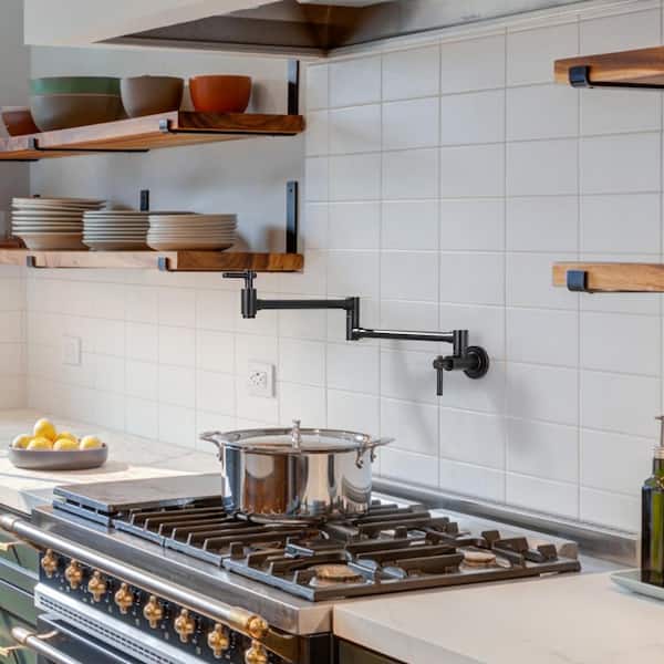 Wall Mounted Pot Filler with Double Handles in Oil Rubbed Bronze